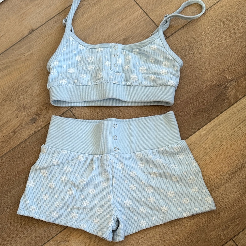 Frankie's Bikinis Light Blue Floral Ribbed Pajama Set